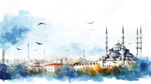 Peaceful watercolor painting of a mosque with birds flying in the sky. Ideal for religious and spiritual themes