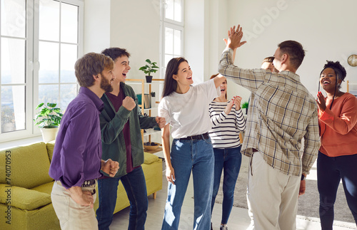 Fotografía Young people diverse group, student community meeting, happy friends team giving