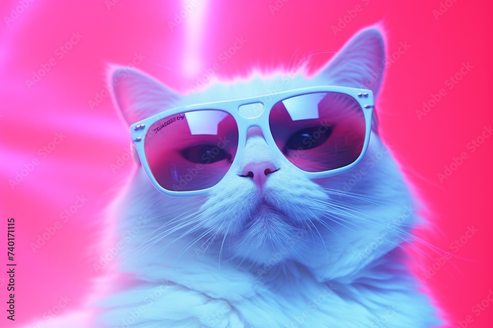 A stylish white cat is posing with red sunglasses on against a vibrant pink background. The cat exudes confidence and playfulness in this trendy and fun