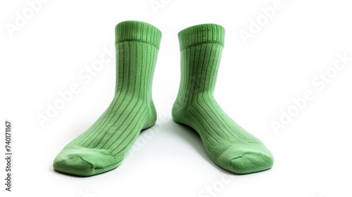 A pair of green socks on a plain white background. Suitable for fashion or textile concepts