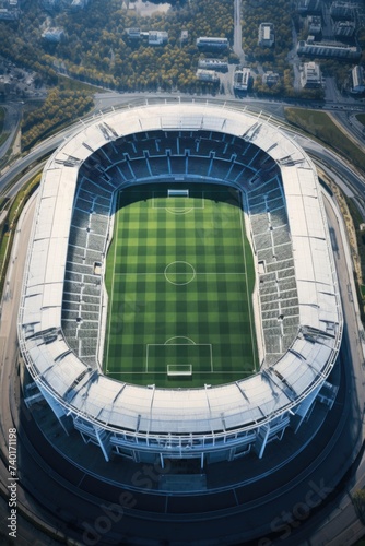 Soccer stadium with a green field, suitable for sports events