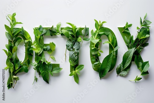Detox word from fresh green leaves on white background 