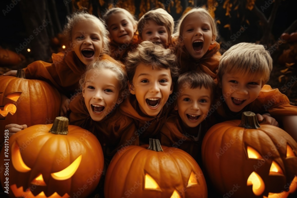 Group of children in various Halloween costumes posing for a fun photo, suitable for Halloween themed projects Group of children in various Halloween costumes posing for a fun photo, suitable for Halloween themed projects