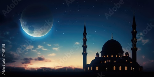 A serene night scene with a mosque and the glowing moon. Perfect for religious and spiritual concepts