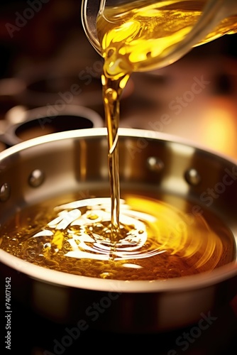 Person pouring oil into a pan on a stove, ideal for food preparation concepts