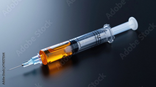 Syringe with yellow liquid on a black background. The concept of vaccination . photo