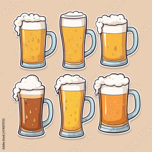 Illustration of six beer mugs with frothy tops, showcasing a variety of beer colors, set against a neutral background.