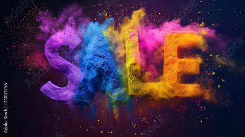 Colored inscription Sale made from multi-colored powder for the day of celebration of the holy traditional holiday of Holi in India 