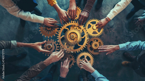 Teamwork Teamwork Togetherness Unity Connection Concept.Diverse Group of Business People Holding Cogwheels . photo