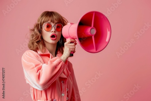 Urgent announcement. fashionable woman with megaphone on pink background declaring the start of seasonal sales