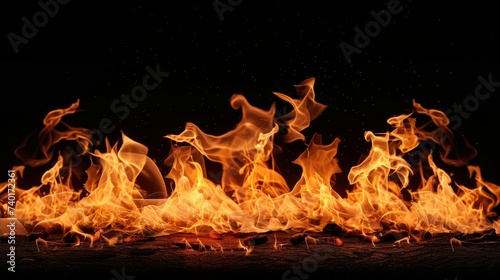 multiple fire flames  flickering and dancing against a black backdrop
