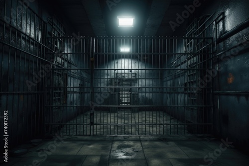 A dimly lit jail cell with an open door. Suitable for crime and punishment themes photo