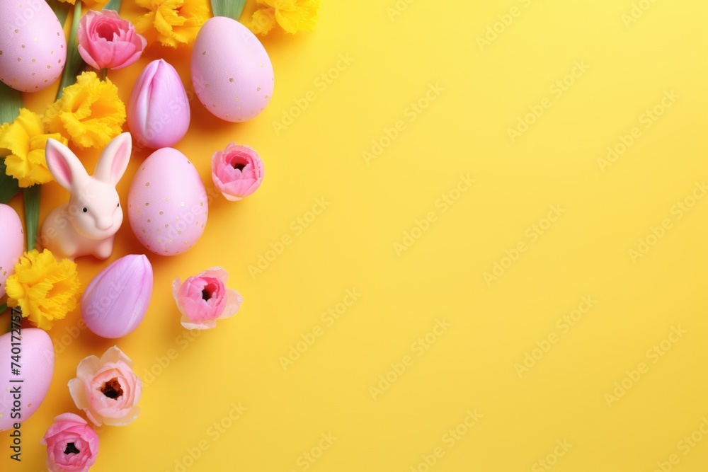 Colorful Easter eggs and flowers