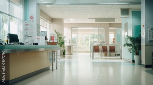 A hospital lobby with a reception desk and chairs. Suitable for medical or healthcare concepts photo
