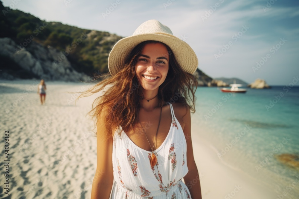A woman wearing a hat on a sunny beach, perfect for summer vacation concepts