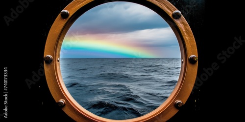 A unique perspective of the ocean seen through a ship's porthole. Ideal for travel or maritime concepts photo