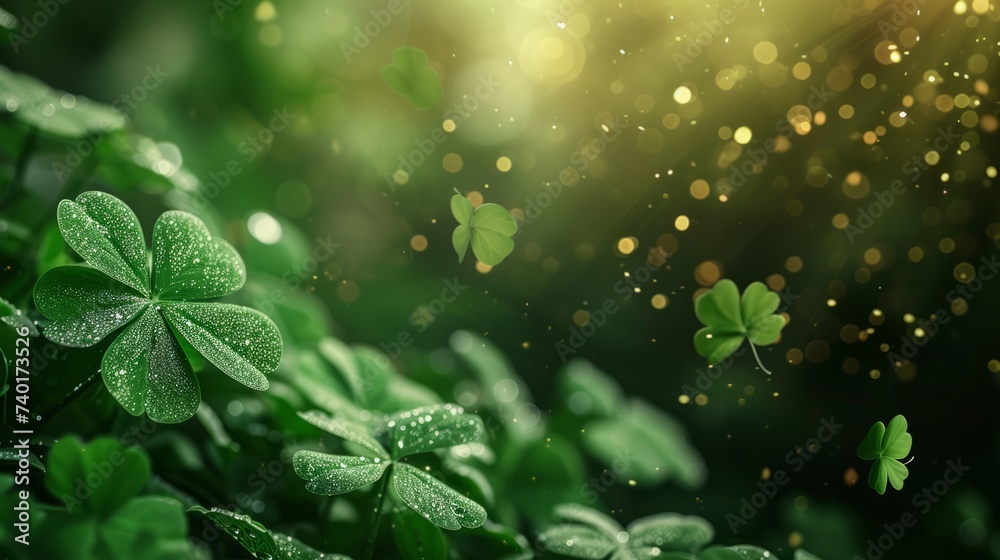Green clovers close up for st patrick's day celebration on blurred green bright background
Green clovers close up for st patrick's day celebration on blurred green bright background
