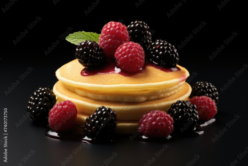 Delicious stack of pancakes topped with fresh raspberries and syrup, perfect for breakfast or brunch Delicious stack of pancakes topped with fresh raspberries and syrup, perfect for breakfast or brunch