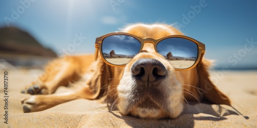 Cute dog wearing sunglasses relaxing on a sandy beach. Perfect for summer vacation concepts photo