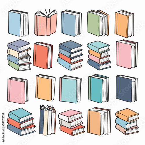 Various colorful books and stacks displayed against a plain background, showcasing a blend of different covers and bindings.
