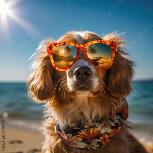 A cool dog wearing sunglasses enjoying the beach. Perfect for summer concepts