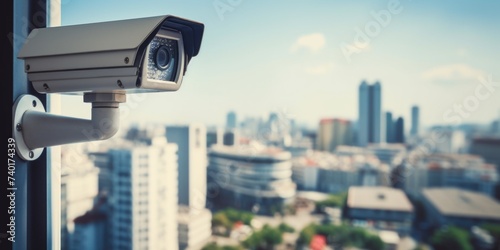 A security camera mounted on a building. Suitable for security and surveillance concepts photo