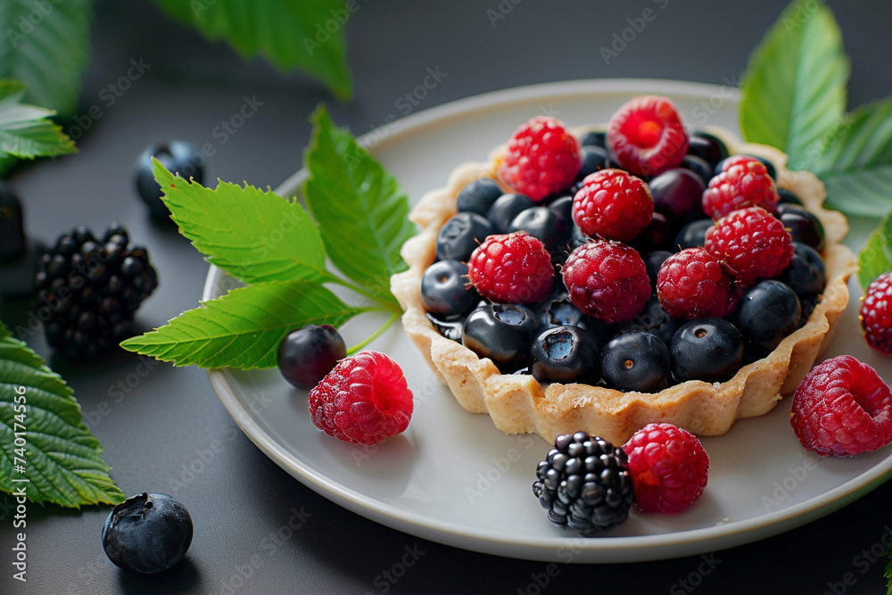 Illustration of a delicious fruit pie consisting of raspberries and blackberries, blueberries on a plate on a black background. berry leaves on the table. Looks very tasty and very healthy. Illustration of a delicious fruit pie consisting of raspberries and blackberries, blueberries on a plate on a black background. berry leaves on the table. Looks very tasty and very healthy.