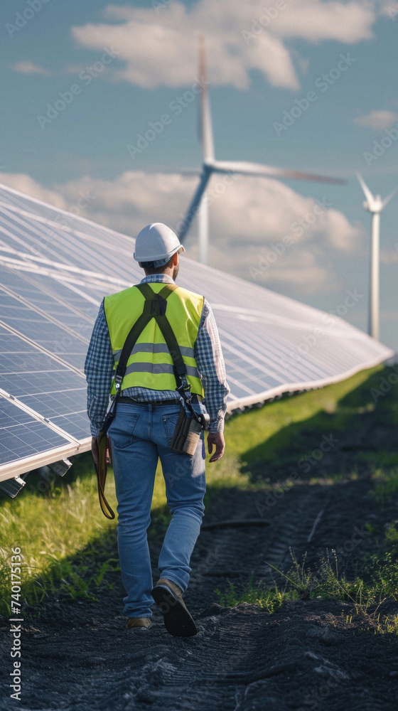 Low angle view of engineer standing in front of solar panels and wind turbines