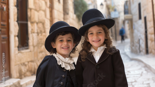 Jewish children against the backdrop of Jerusalem. Two little girls in Jewish national black clothes and hats photo
