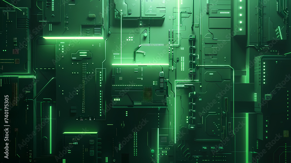 Green Glowing Circuit Board Close-Up