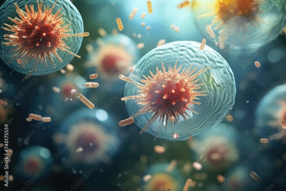 Fototapeta premium Molecular structure of cancer, blood, bacteries, inside view of healthy humany body. Generative Ai.
