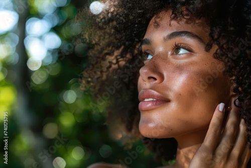 Woman gently touching her radiant skin A testament to effective skincare routines and the pursuit of beauty and self-care.