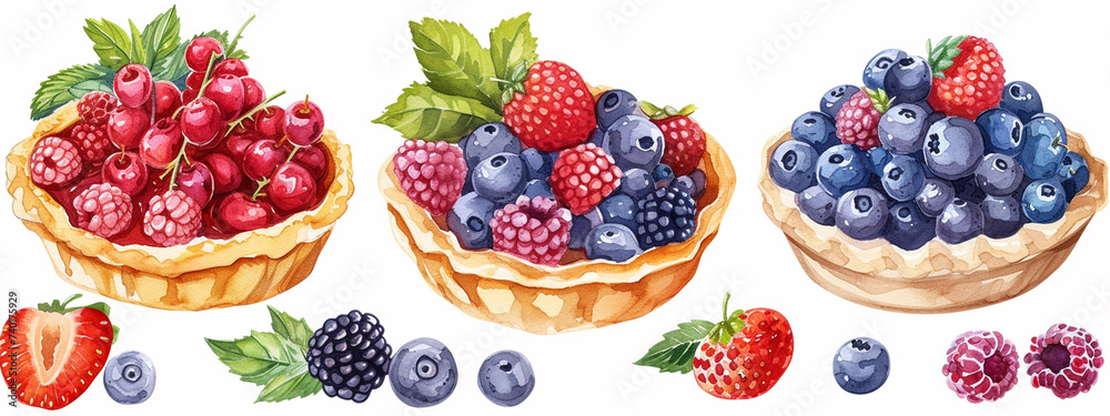 illustration collection of various pastries with berries on a white background illustration collection of various pastries with berries on a white background