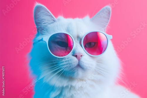 A playful white cat is seen wearing red sunglasses, adding a touch of whimsy against a bright pink backdrop. The cat exudes charm and style in this fun and colorful image