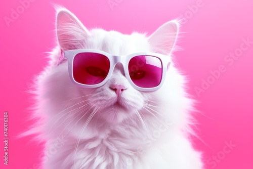 A white cat sporting vibrant red sunglasses poses against a cute pink background, exuding a fun and trendy vibe