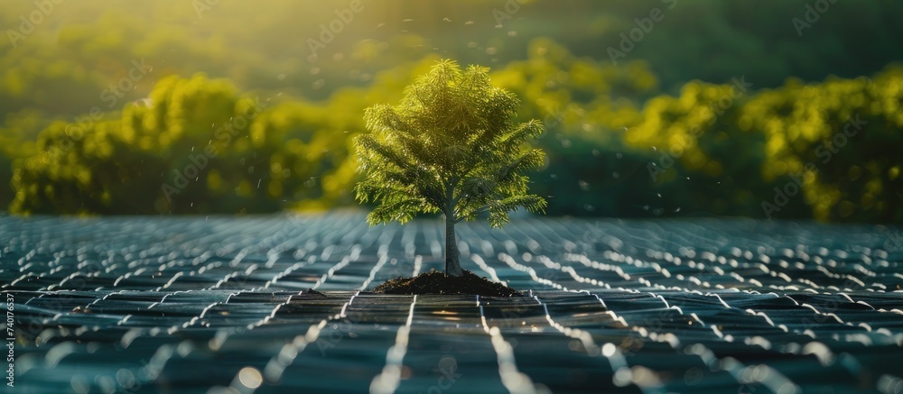 A new tree growth in a field of solar panels for eco friendly renewable energy. Generated AI image - obrazy, fototapety, plakaty 