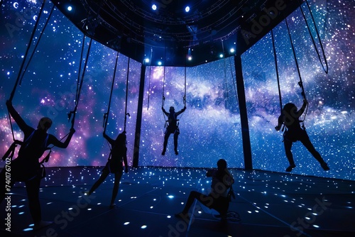 Zero gravity dance performance in a space-themed venue Where dancers use harnesses to create the illusion of dancing in space