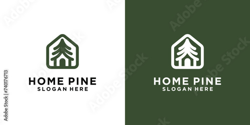 Pine Tree Logo Template With House. Creative Pine Tree Minimal design template. Company Business Logo