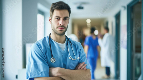 Portrait of male doctor standing with arms crossed in corridor of hospital