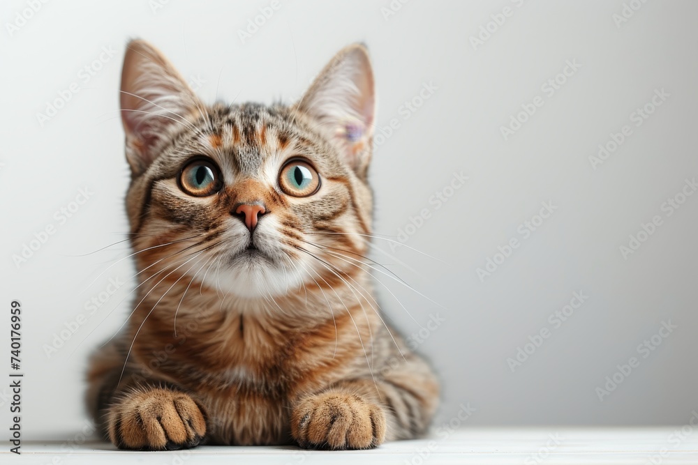 Obraz premium A detailed close-up shot of a cat displaying a surprised expression on its face. The focus is on the intricate details of its whiskers and eyes. The cat appears to be in a state of wonder or shock