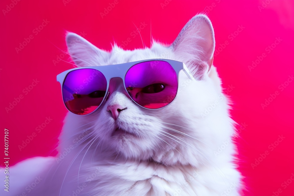 A trendy white cat is sporting purple sunglasses against a vibrant pink backdrop, exuding coolness and sassiness in this playful and colorful composition