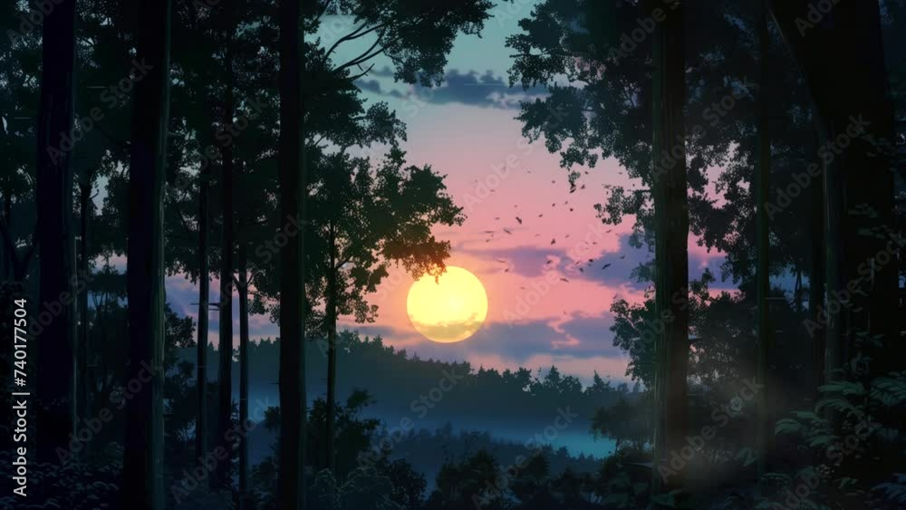 Silhouette of Forest and Trees at Sunset or sunrise. seamless loop 4k time-lapse animation background Silhouette of Forest and Trees at Sunset or sunrise. seamless loop 4k time-lapse animation background