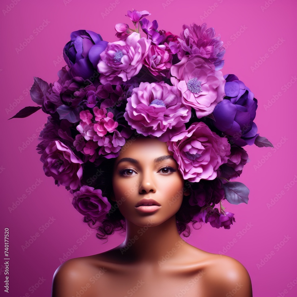 A captivating woman with a serene expression wears a beautiful array of purple flowers on her head, creating a whimsical and ethereal look