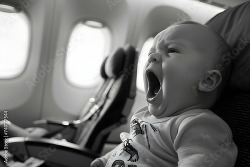 A Crying Baby on an Airplane. Concept Traveling with Family, Airplane Etiquette, Parenting Challenges, Managing Stress, Keeping Kids Happy