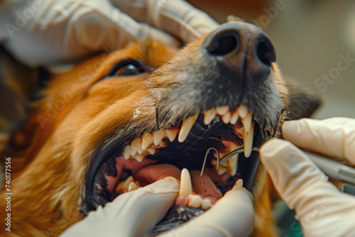 Having your dog's teeth cleaned at the vet or getting something out of your dog's mouth. Dog with open jaw at the vet, close up view
