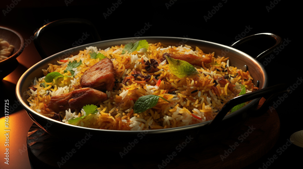 Chicken dum biryani using rice and spices arranged in earthen ware