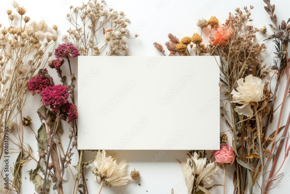 Beautiful background with a variety of dry flowers on a light background and a blank white card in the center with space for text or inscriptions, top view
