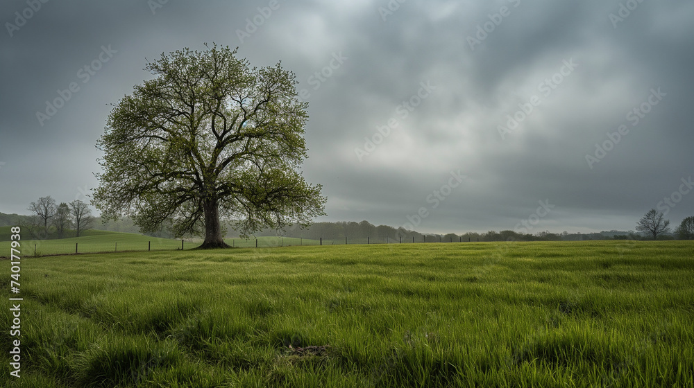 Cloudy rainy weather, tree in field landscape. Cloudy rainy weather, tree in field landscape.