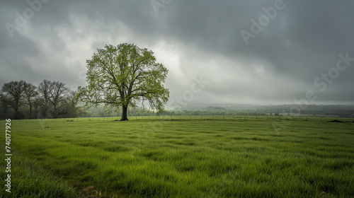 Cloudy rainy weather, tree in field landscape.