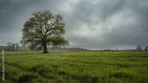 Cloudy rainy weather, tree in field landscape. © orlio